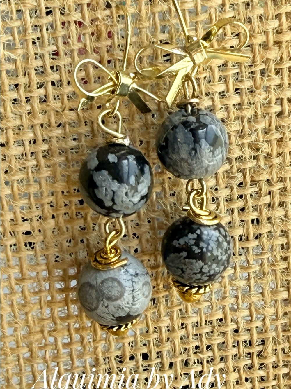 Alquimia Black and Gray Snowflake Jasper Dangle Earrings with Gold Bows